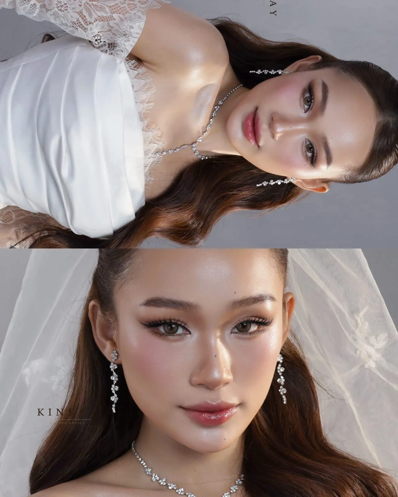 Bộ ảnh hai khung cô dâu trùm voan, tóc nâu sóng và vòng cổ đá, trang điểm bởi Kay, KINKAY TP.HCM