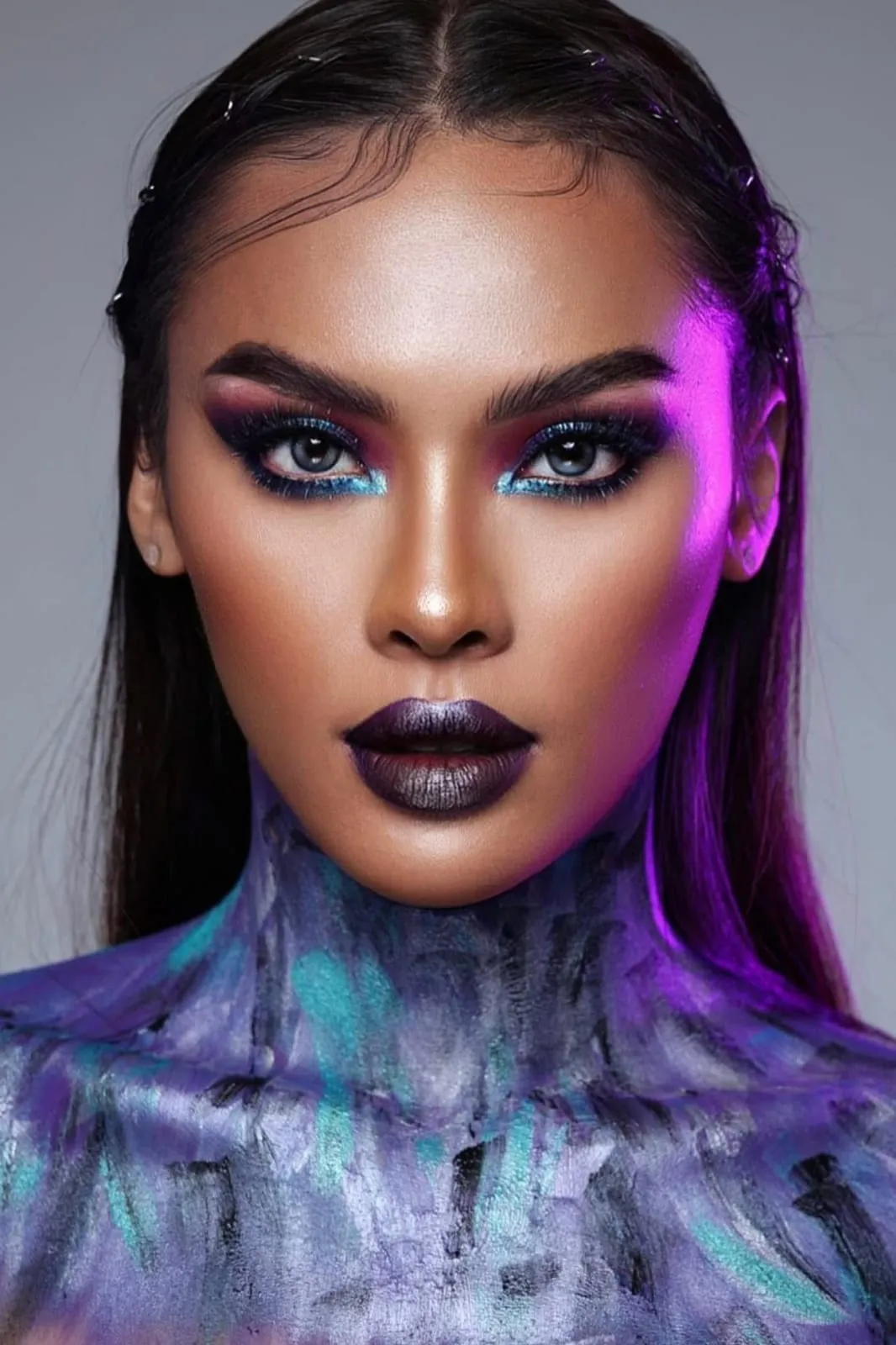 Makeup concept cận mặt, mắt nhũ xanh tím, môi nâu đậm, tóc vuốt ướt, KINKAY TP.HCM