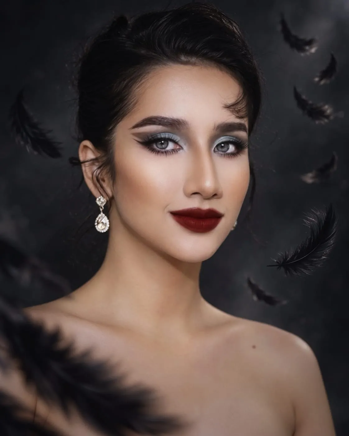 Makeup concept mắt khói bạc, môi đỏ rượu, bông tai đá giọt nước, KINKAY TP.HCM
