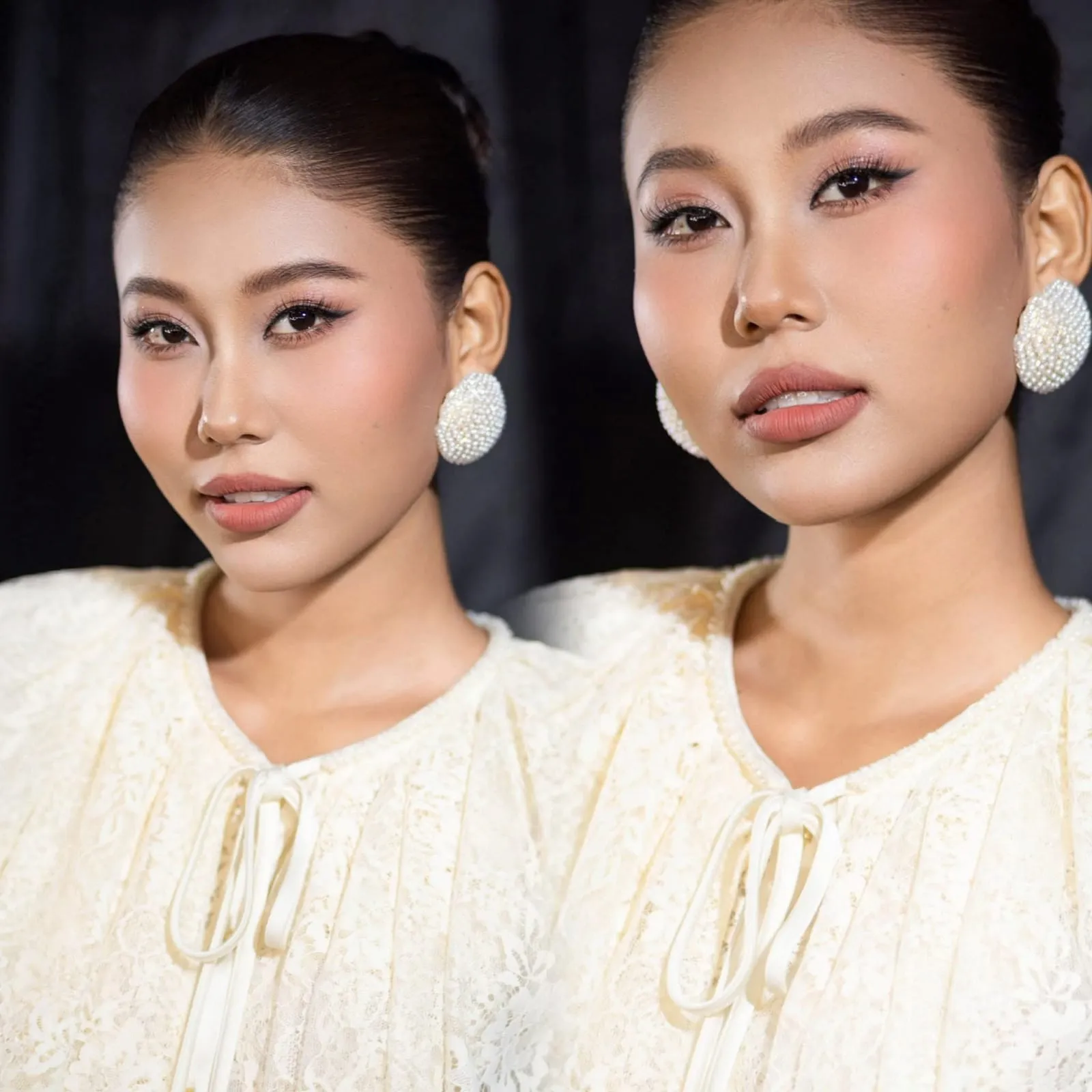 Hai khung, tóc vuốt sát, bông tai ngọc trai tròn, áo ren kem, KINKAY Sài Gòn